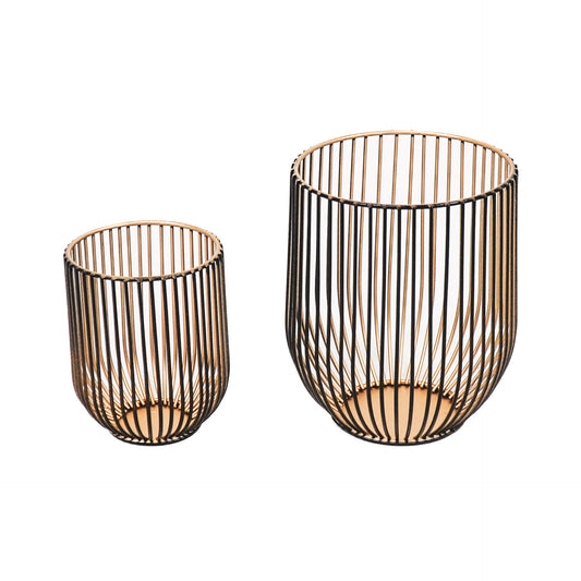 Housevitamin Set of 2 Metal Candle holders- Black/ Gold- 13x13x16cm and 9x9x11cm