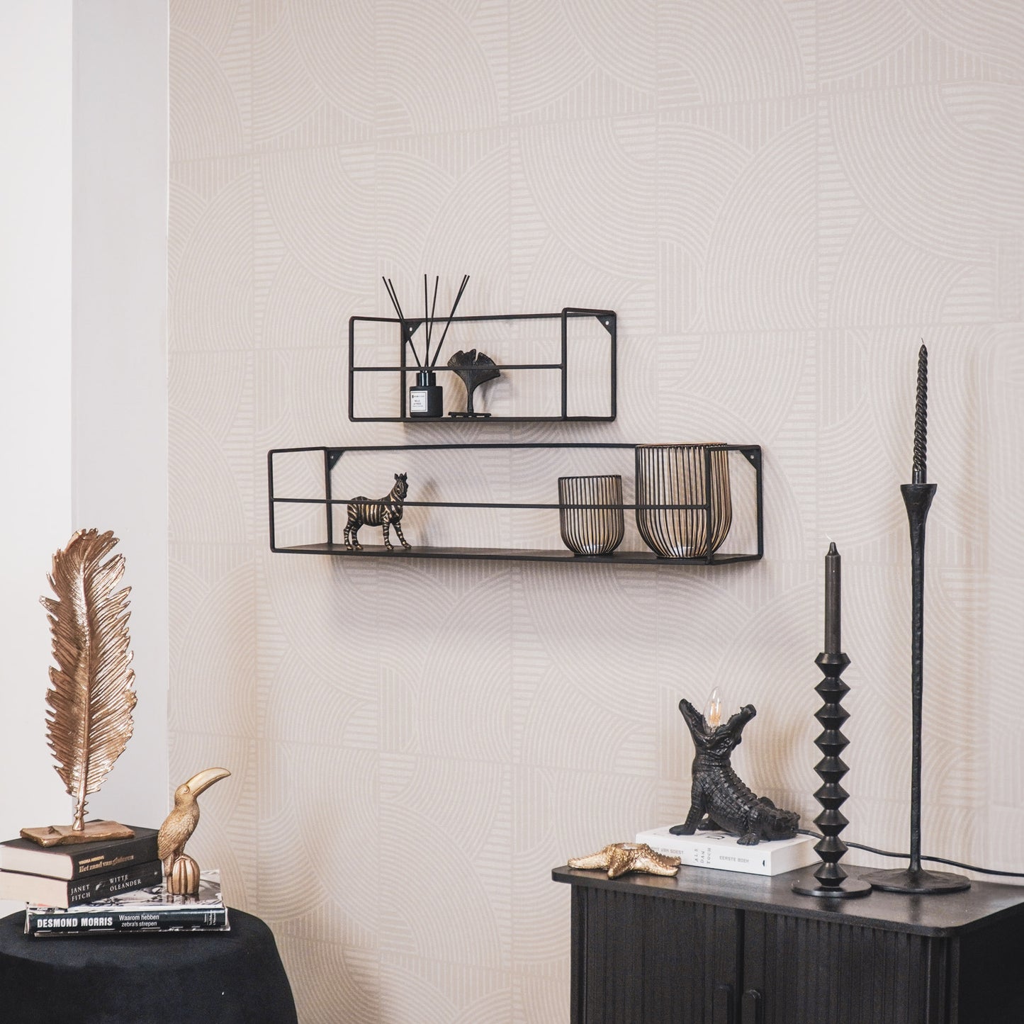Wall Shelves - Black - Metal - 40x14x16/80x14x16cm - Set 2
