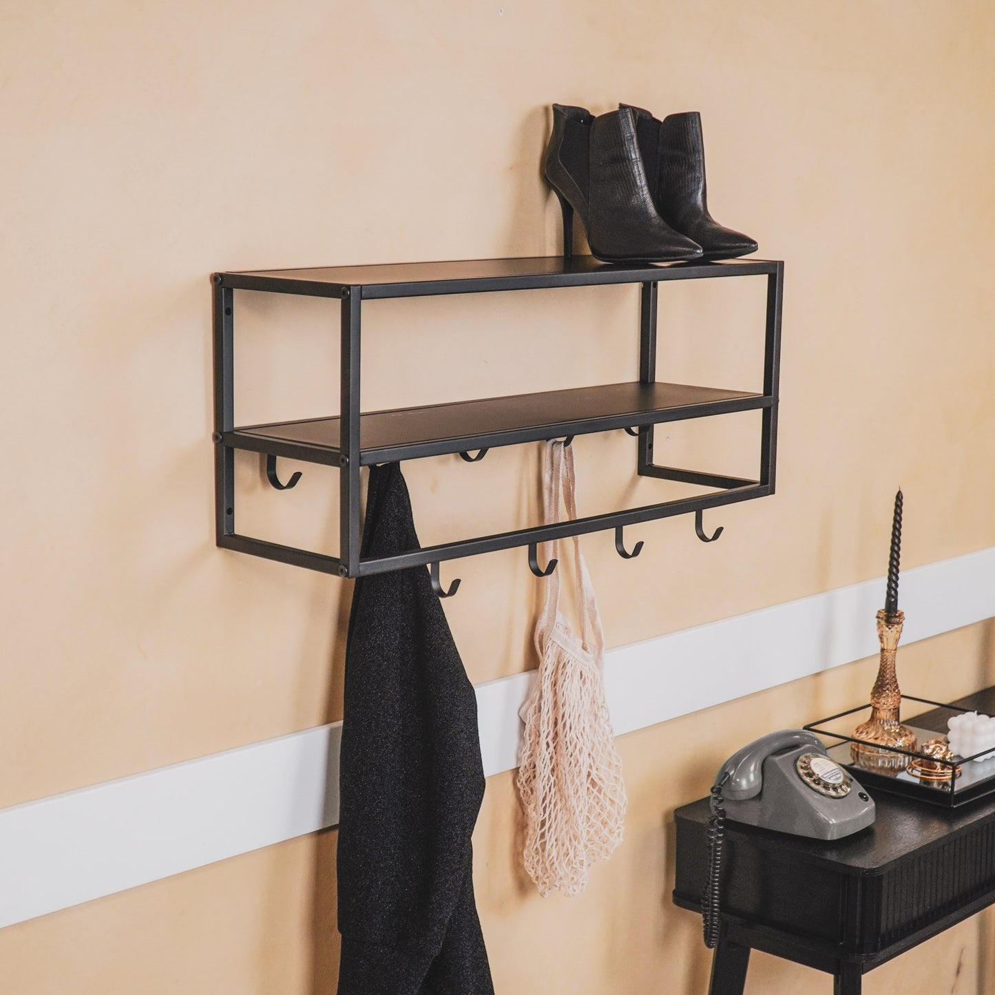 HV Metal Coat Rack with shelves - Black - 73x21x29,5cm