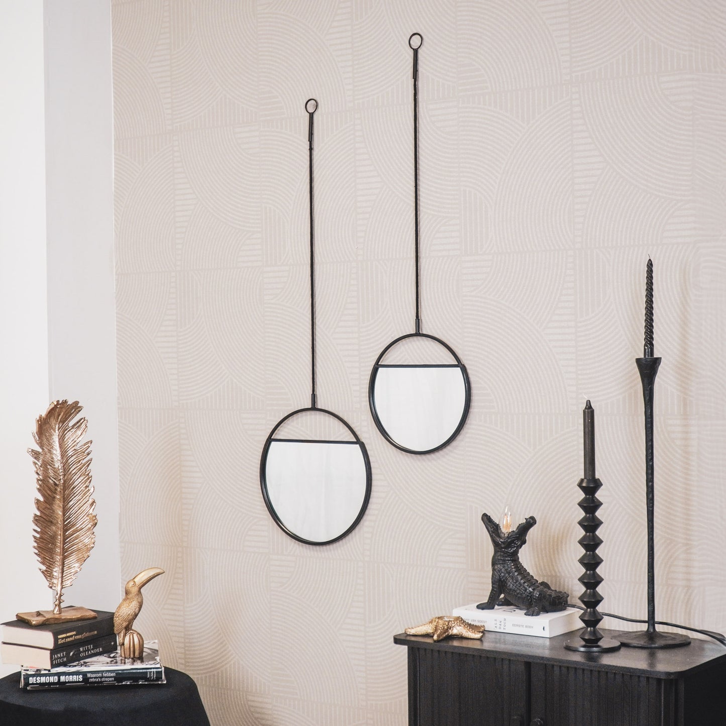 Mirror - Round Wall Mirrors - Metal - Black-S2- 25x90&30x100