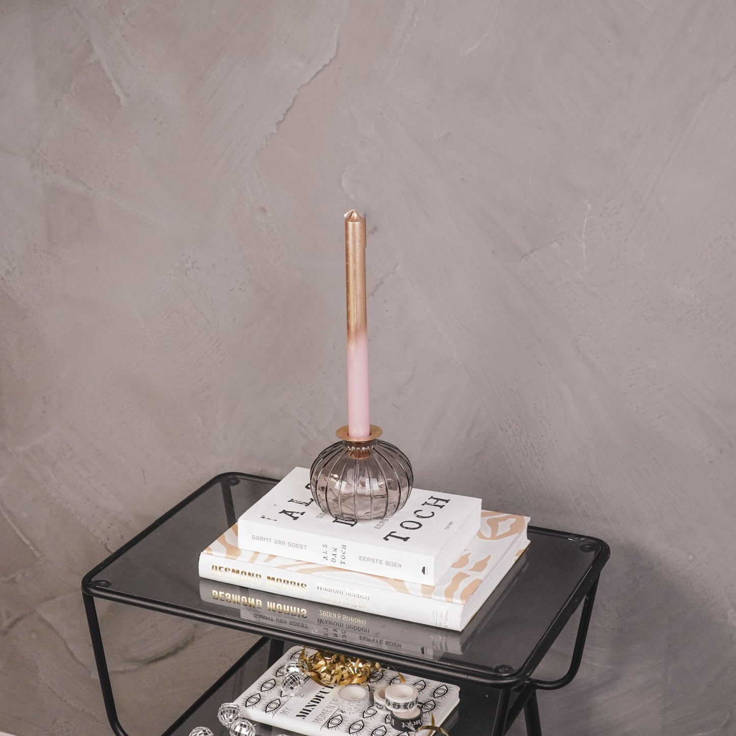 Candleholder- Bottle - Glass/Metal- Brown/Gold- 11x11x8,5cm