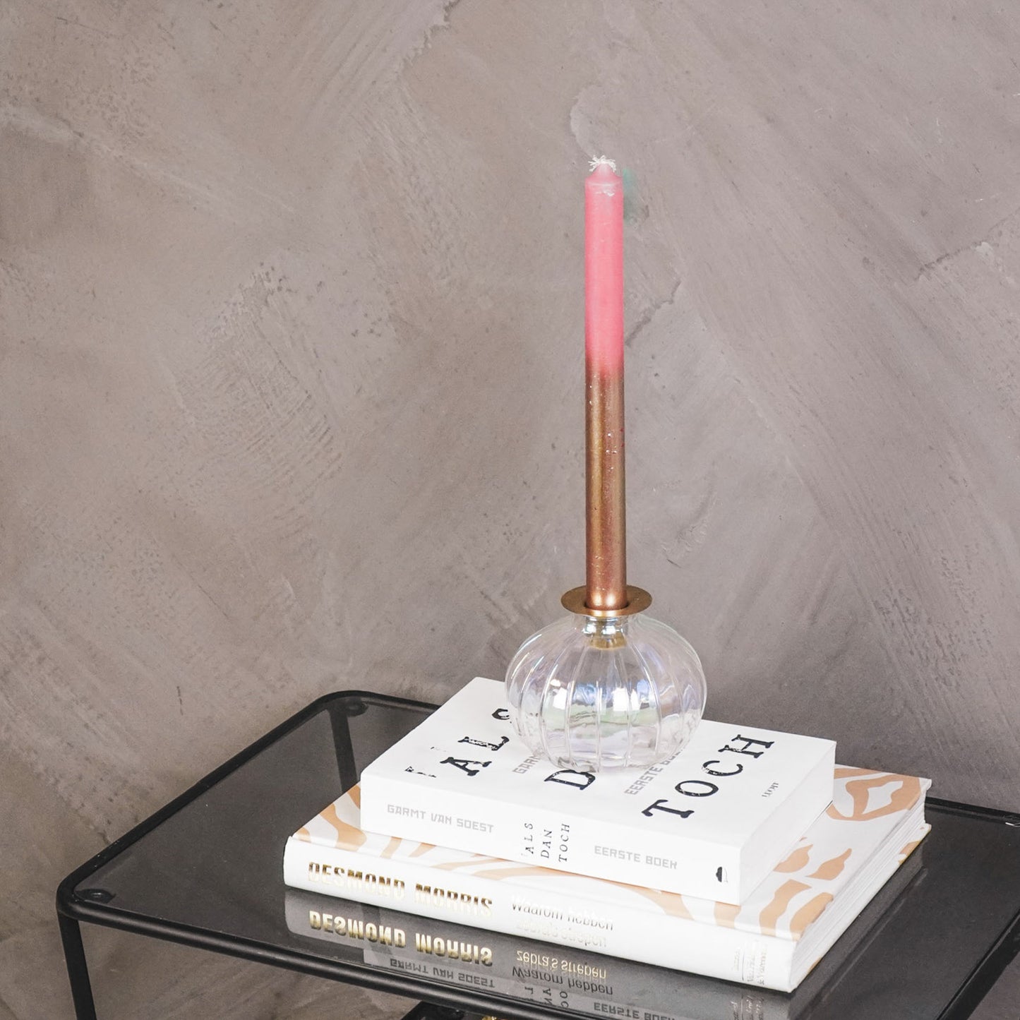 Candleholder- Bottle - Glass/Metal-Rainbow/Gold-11x11x8,5cm