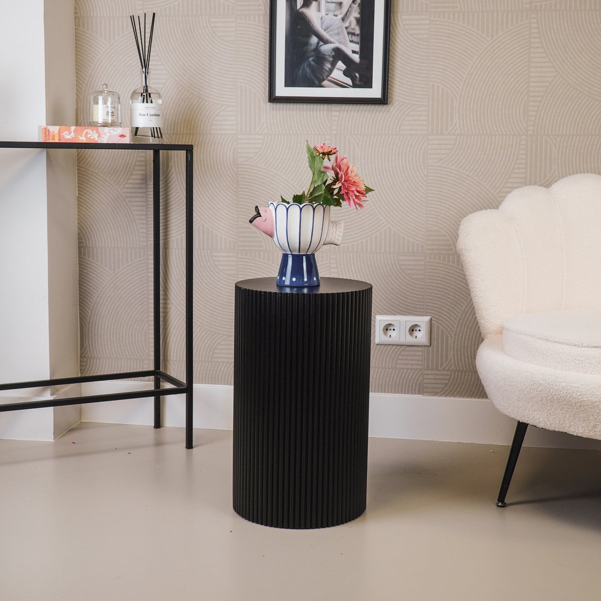 Round Side Table – Ribbed Cylinder Design – MDF – Black– 30x54cm