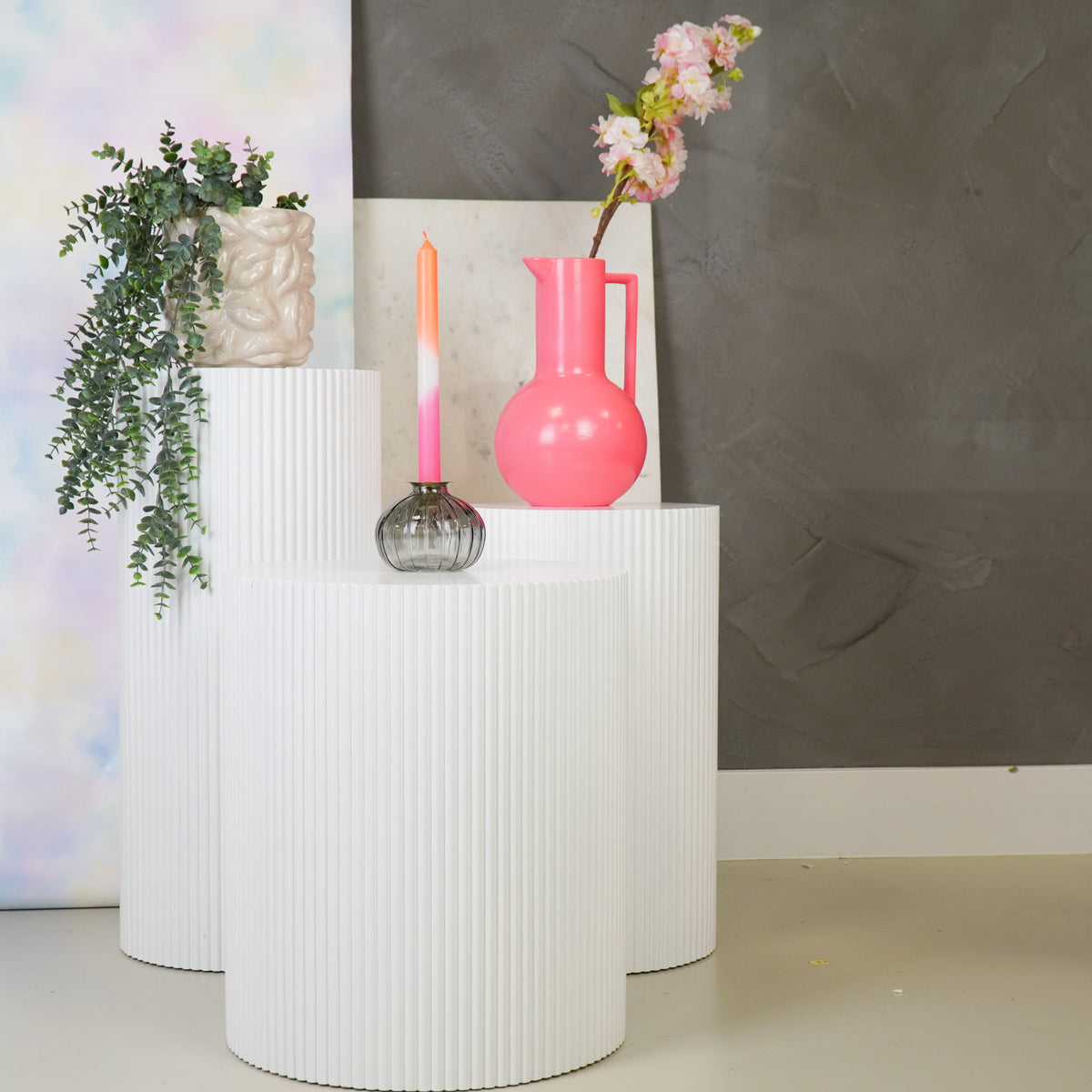 Round Side Table – Ribbed Cylinder Design – MDF – White – 30x54cm
