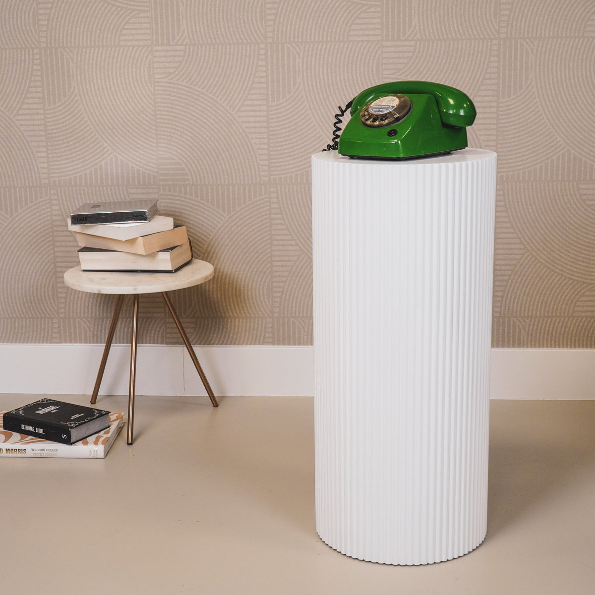 Round Side Table – Ribbed Cylinder Design – MDF – White – 30x65cm