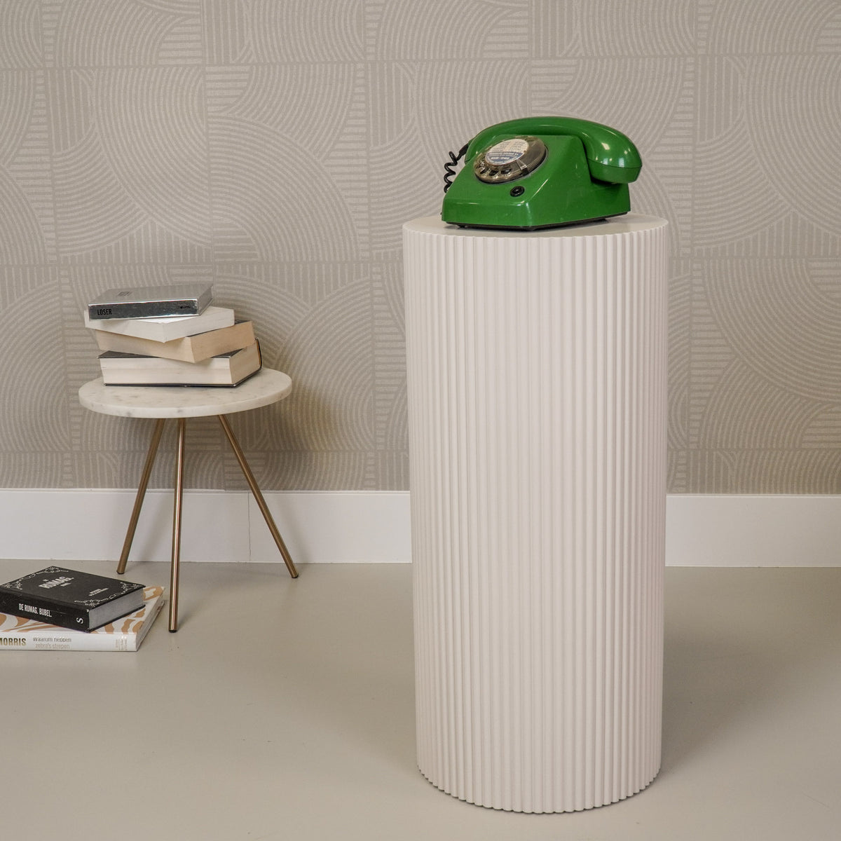 Round Side Table – Ribbed Cylinder Design – MDF – Sand – 30x65cm