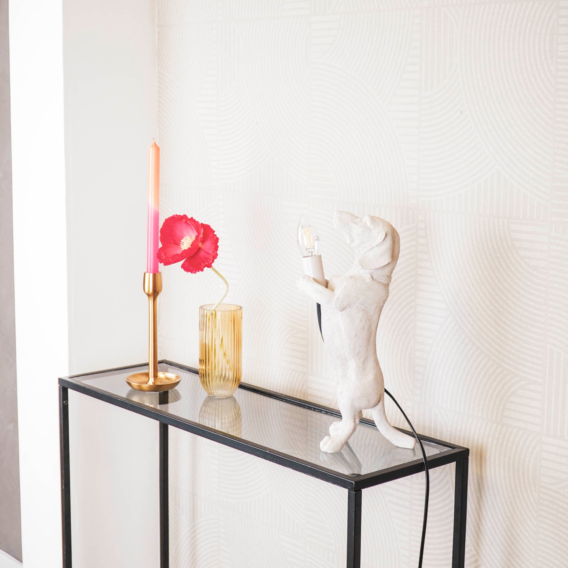 Table Lamp - Dachshund Lamp - Polyresin - Cream White - E14 - 10x15x38cm