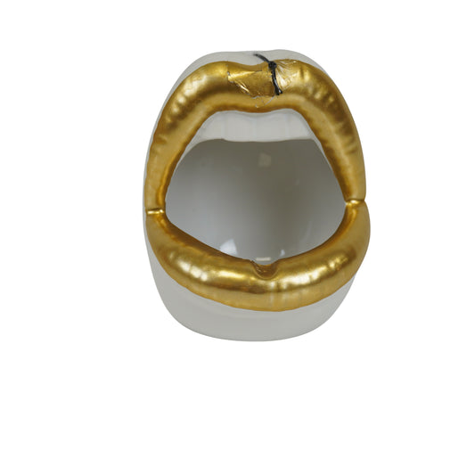 Pot - Ornament - Lip - Ceramics - Gold/White  -10x10x12cm