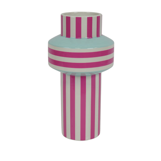 Vase - Stripe - Ceramics - Mintgreen/Neon Pink - 13x13x25cm