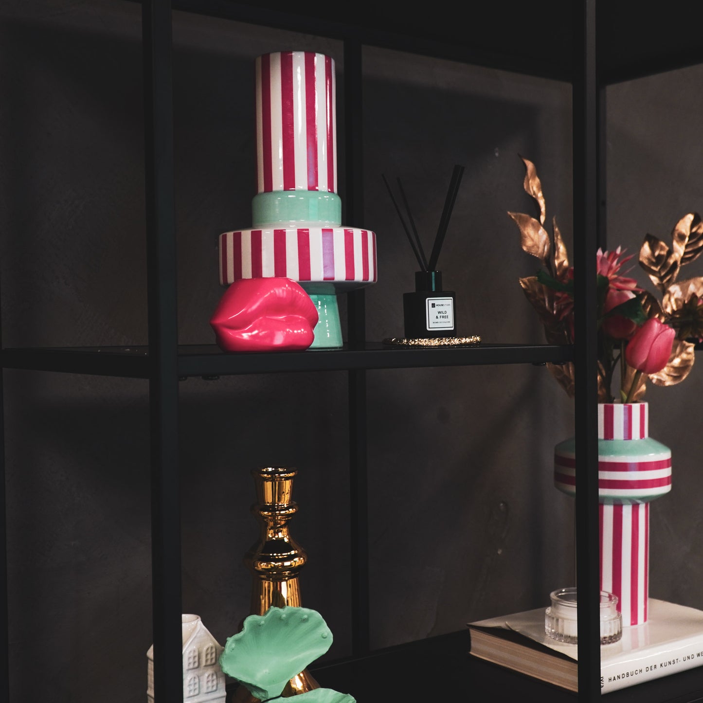 Vase - Stripe - Ceramics - Mintgreen/Neon Pink -14x14x26 cm