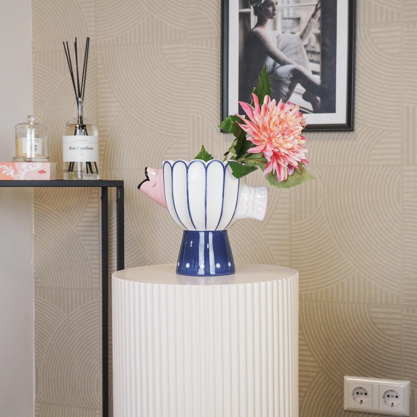 Vase - Fish- Dolomite -Blue/White/Pink -21x13.5x18cm