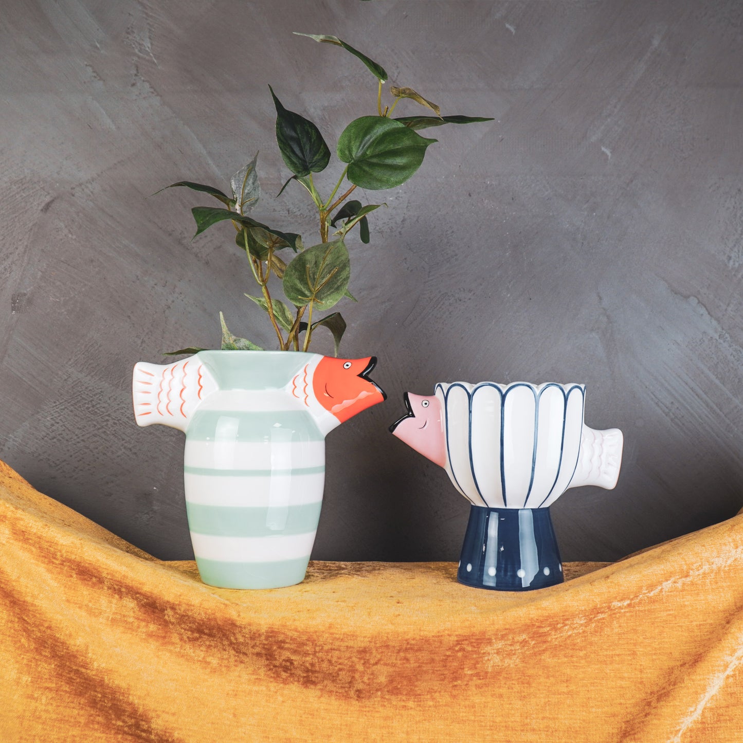 Vase - Fish- Dolomite -Blue/White/Pink -21x13.5x18cm
