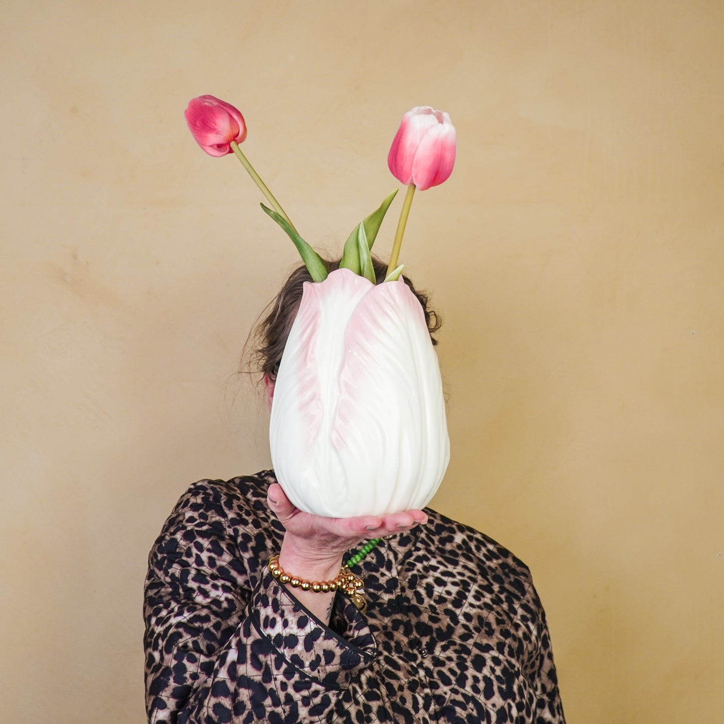 Vase - Tulip Head- Stoneware- Pink- 14x14x19cm