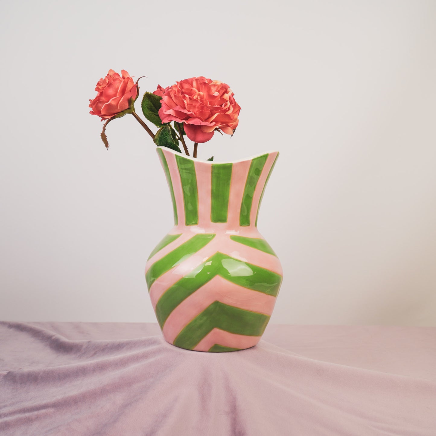 Vase- Stripes- Stoneware -Green/ Pink- 16x16x22cm