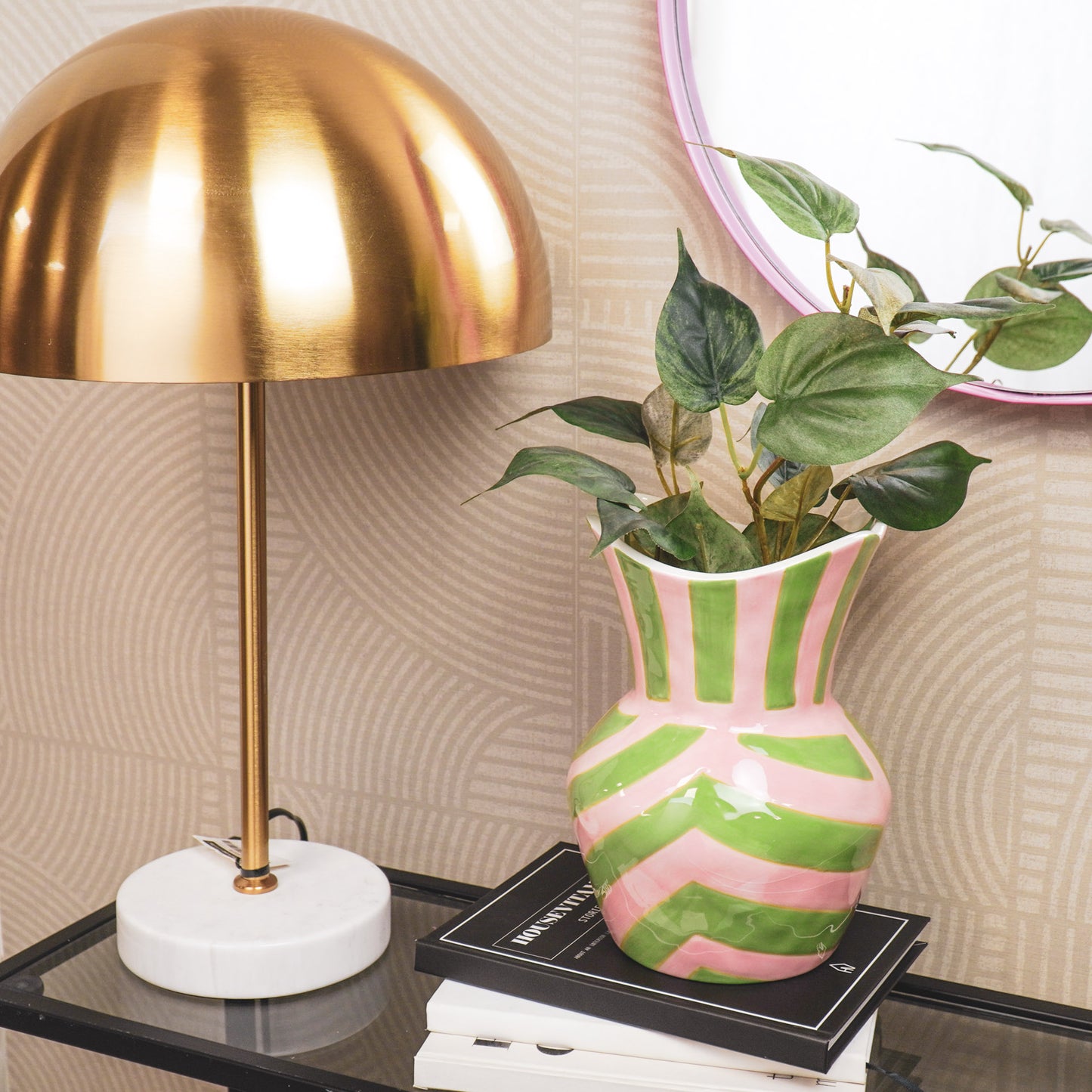 Vase- Stripes- Stoneware -Green/ Pink- 16x16x22cm