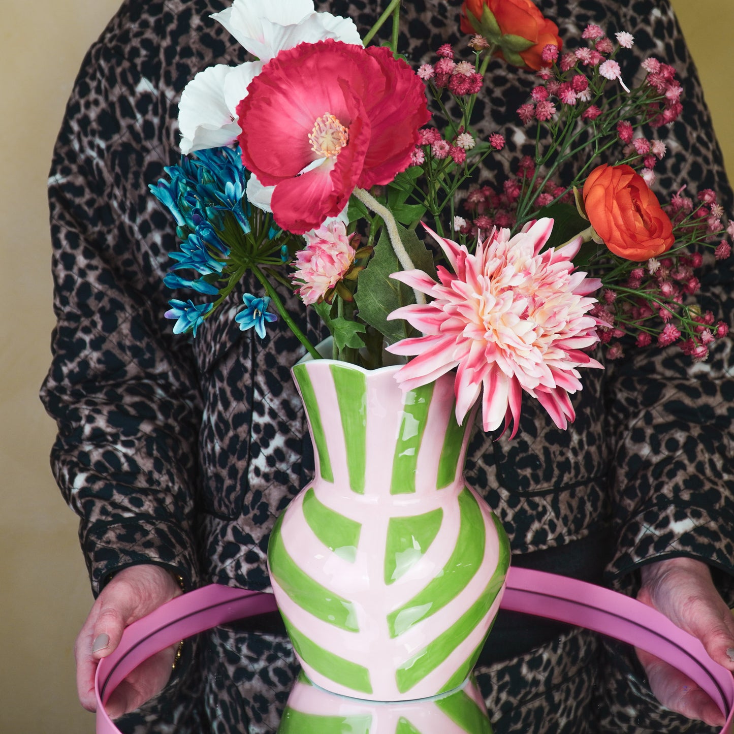 Vase- Stripes- Stoneware -Green/ Pink- 16x16x22cm