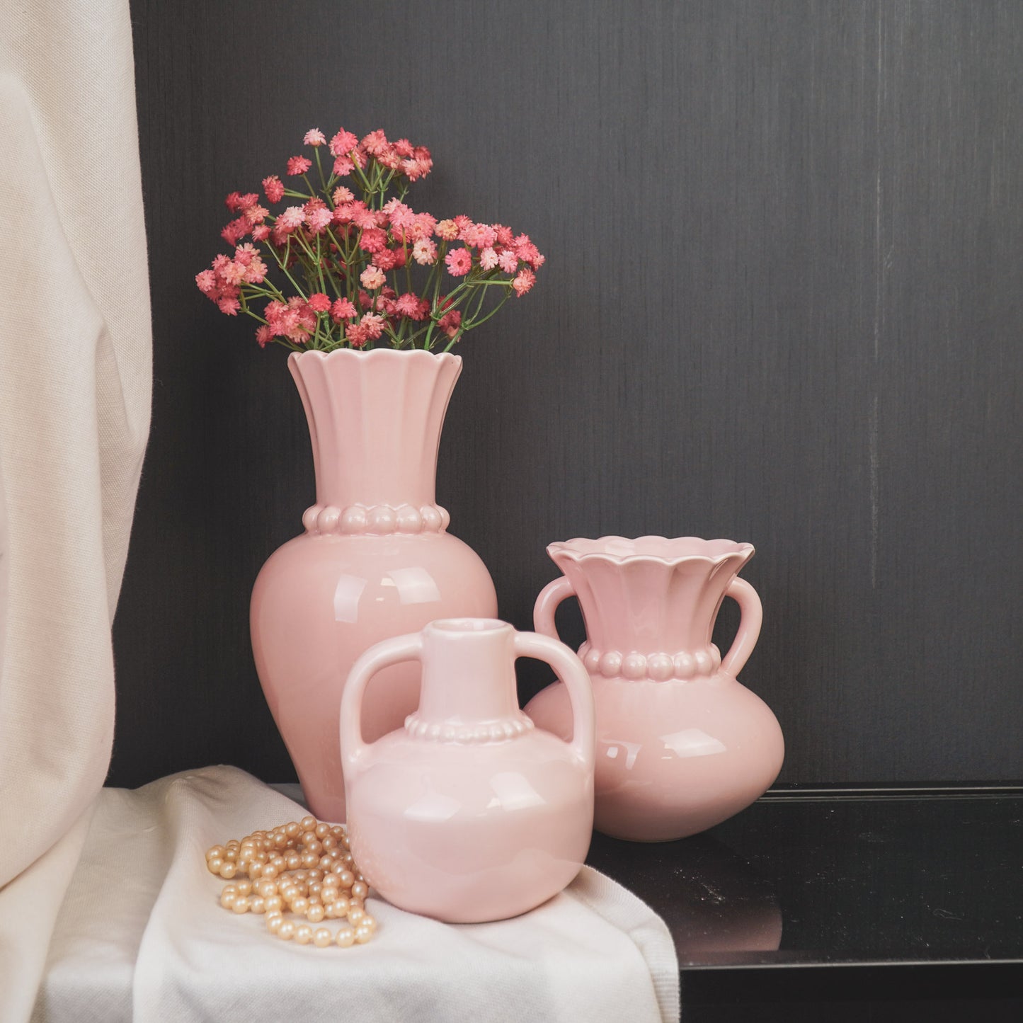 Vase - Pearl Neck - Stoneware- Light Pink- 14x14x15cm