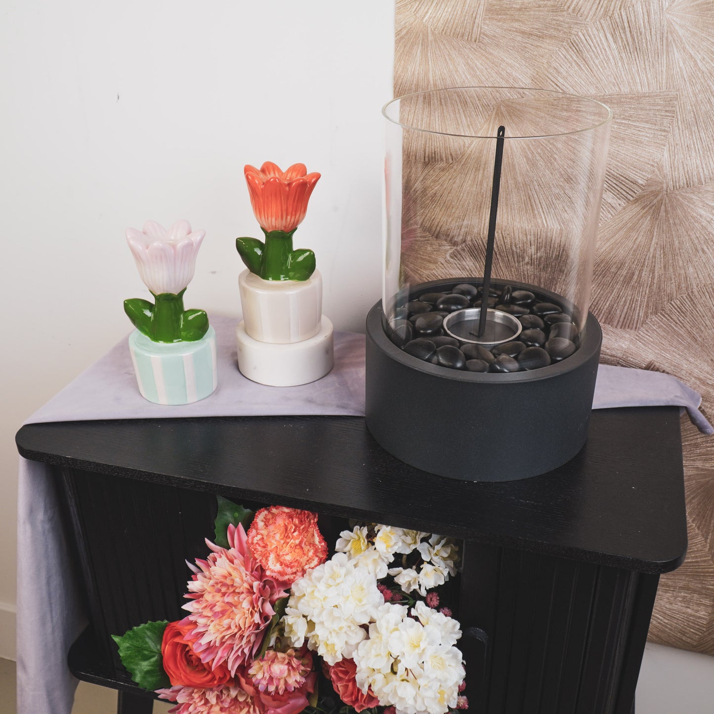 Candle Holder - Tulip - Stoneware- Sand/Orange- 9x8,5x17,5cm