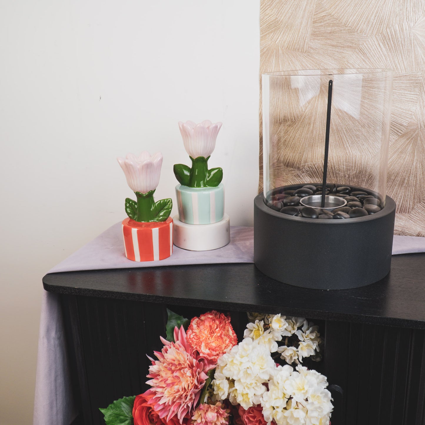 Candle Holder - Tulip - Stoneware- Orange/Pink- 9x8,5x17,5cm