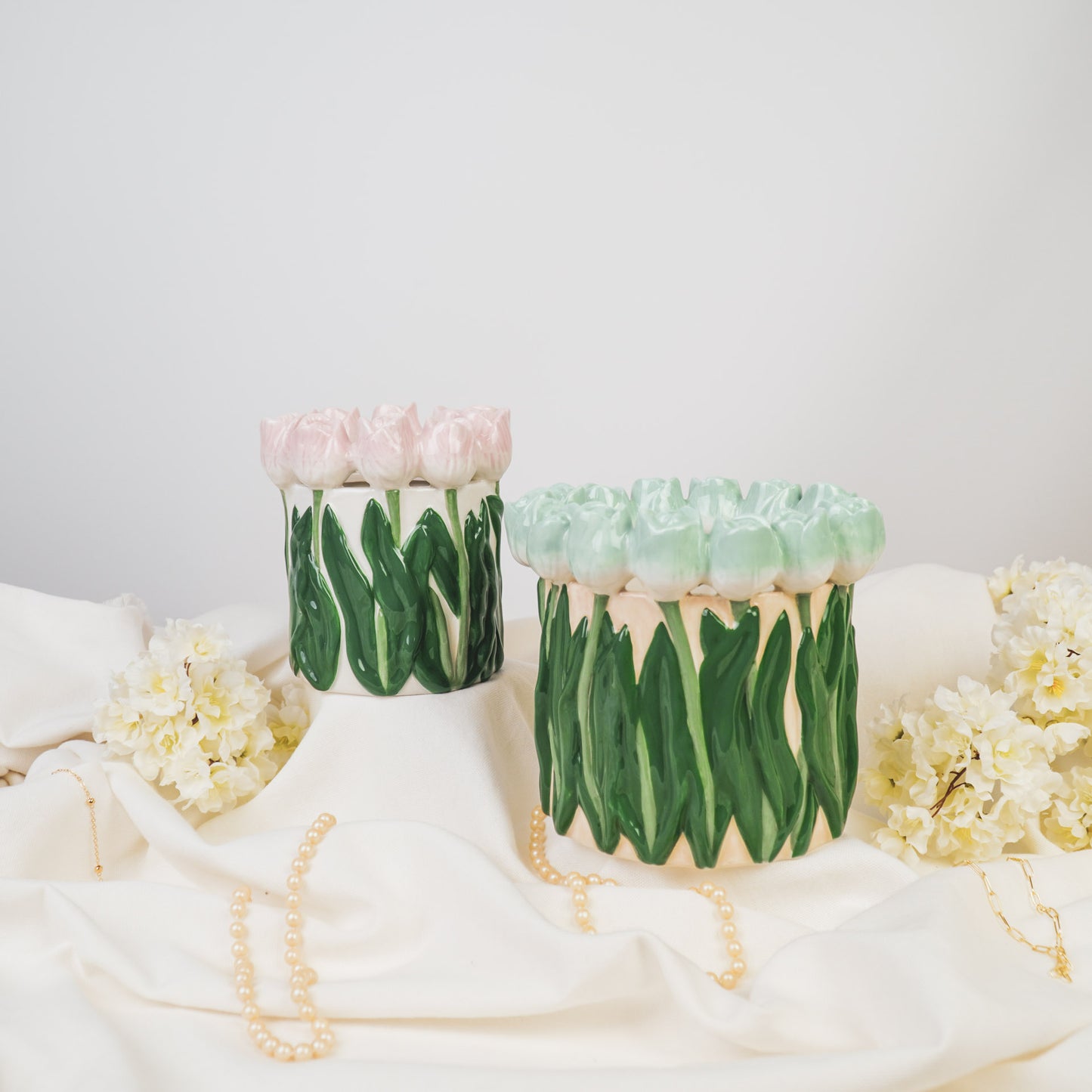 Vase- Tulips- Dolomite- Light Pink/ Green-15x15x14cm