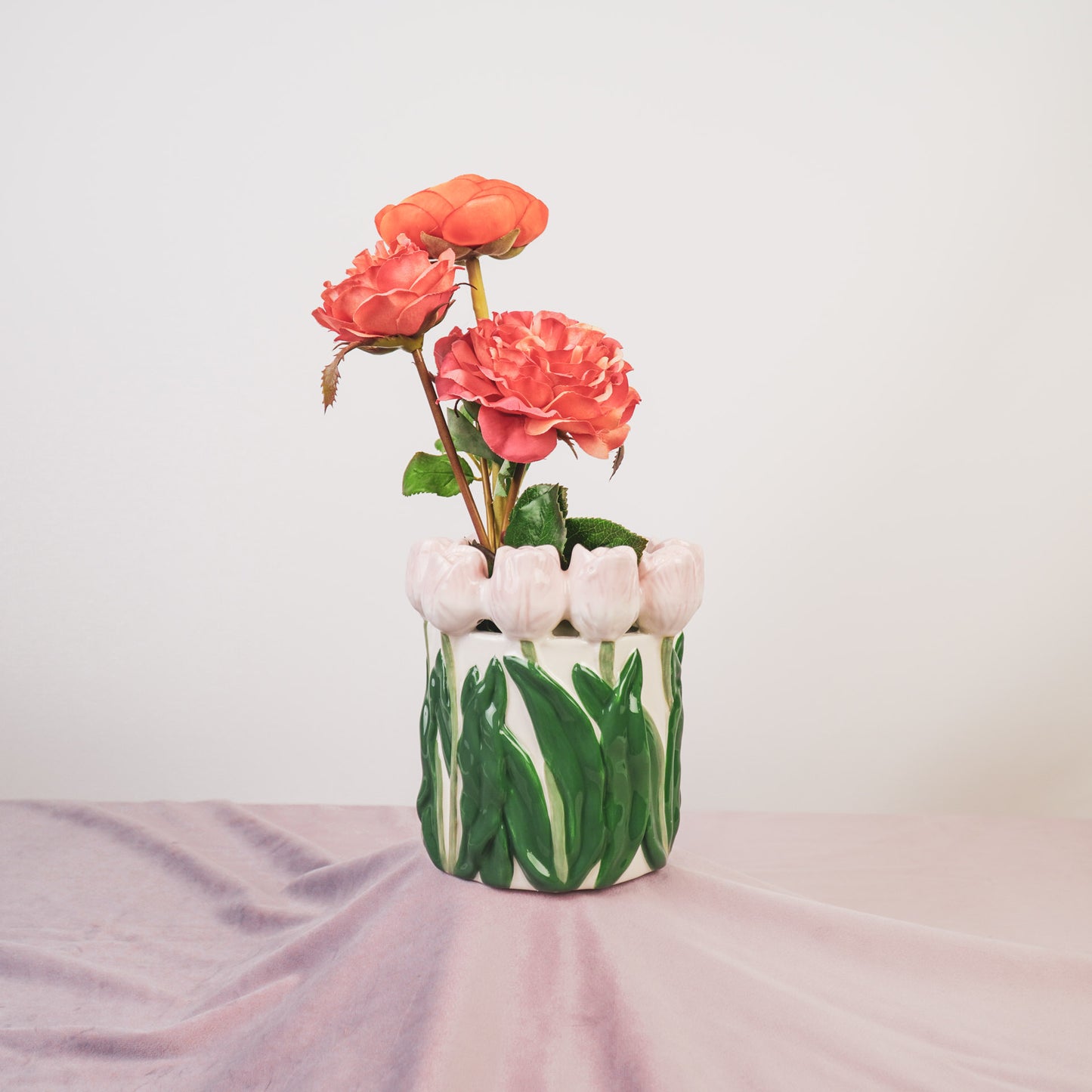 Vase- Tulips- Dolomite- Light Pink/ Green-15x15x14cm