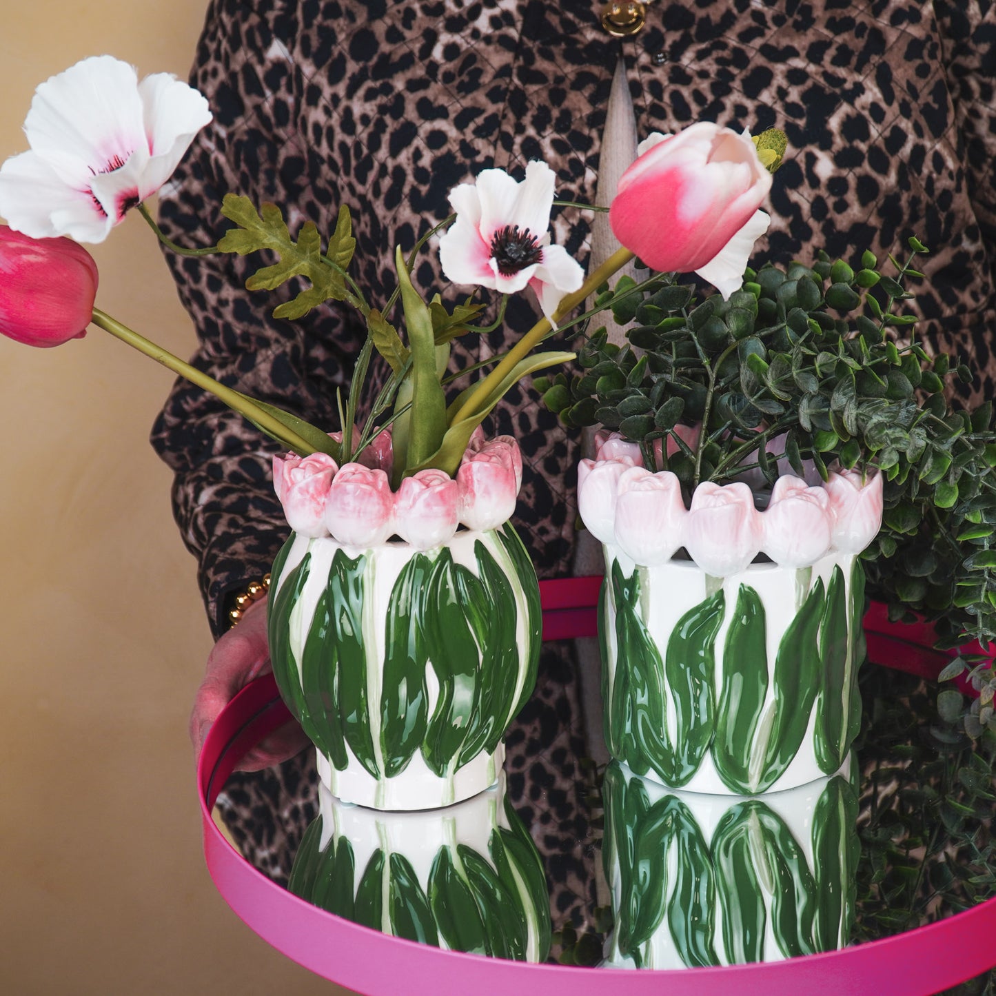 Vase- Tulips- Dolomite- Light Pink/ Green-15x15x14cm