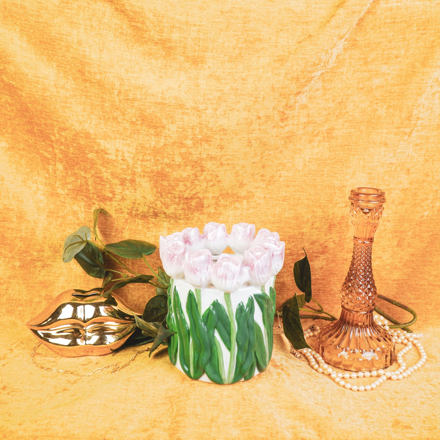 Vase- Tulips- Dolomite- Light Pink/ Green-15x15x14cm