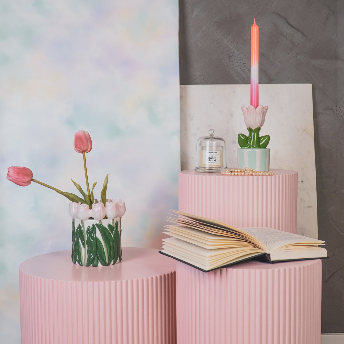 Vase- Tulips- Dolomite- Light Pink/ Green-15x15x14cm