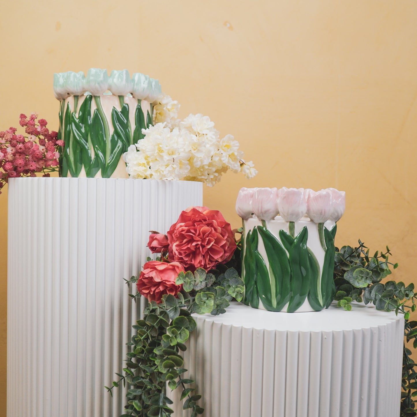 Vase- Tulips- Dolomite- Light Pink/ Green-15x15x14cm