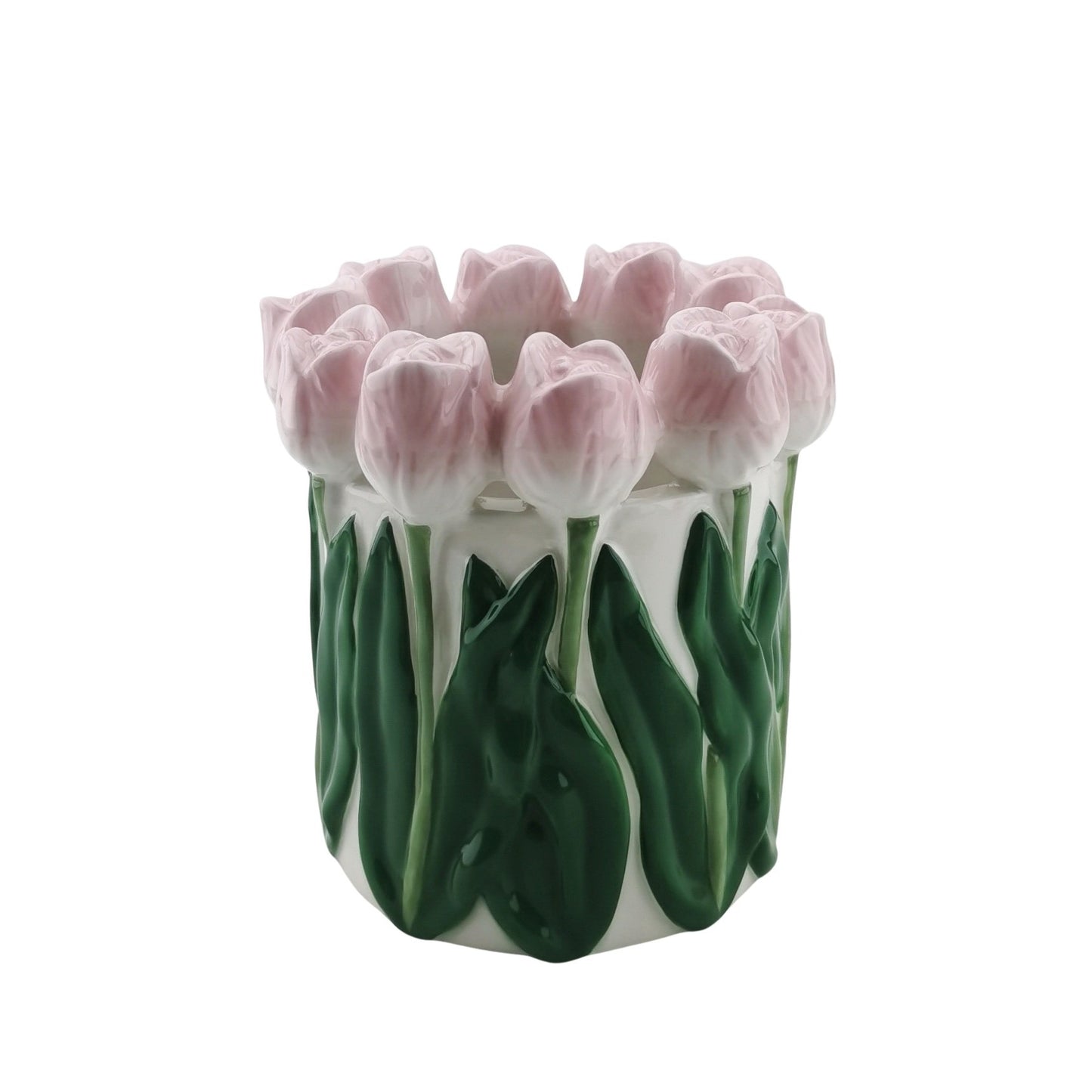 Vase- Tulips- Dolomite- Light Pink/ Green-15x15x14cm