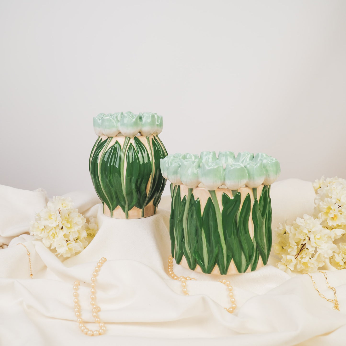 Vase- Tulips- Dolomite- Mint/ Green-14x14x18cm