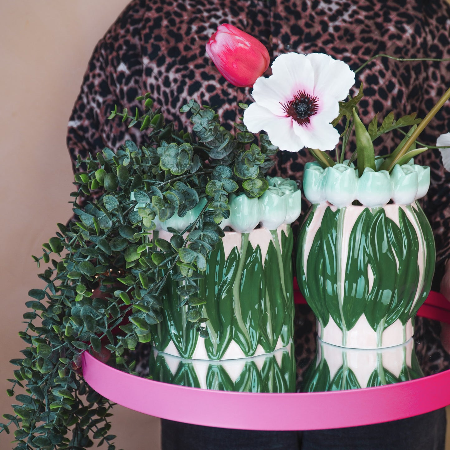 Vase- Tulips- Dolomite- Mint/ Green-14x14x18cm