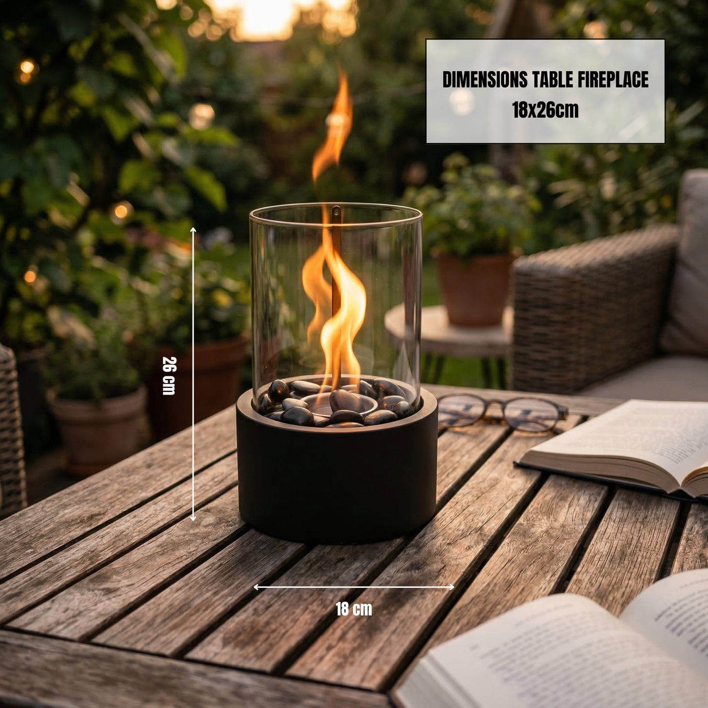 Table Fireplace - Round - Metal/Glass - Black - 18x18x26,5cm