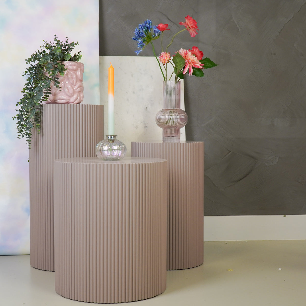 Round Side Table – Ribbed Cylinder Design – MDF – Taupe – 30x54cm