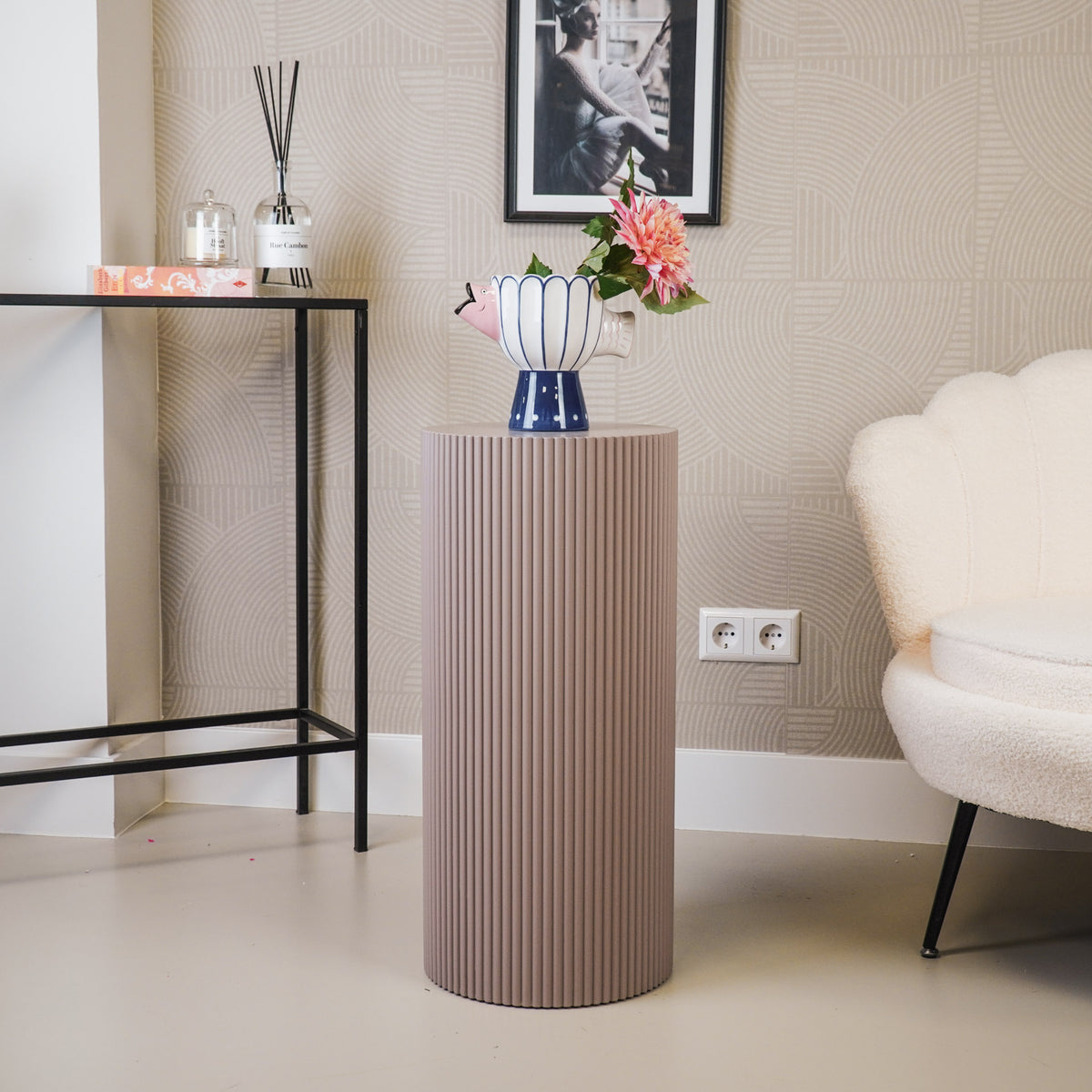Round Side Table – Ribbed Cylinder Design – MDF – Taupe – 30x65cm