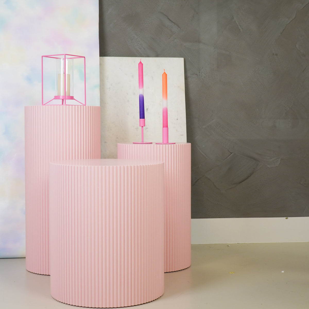 Round Side Table – Ribbed Cylinder Design – MDF – Light Pink – 30x65cm