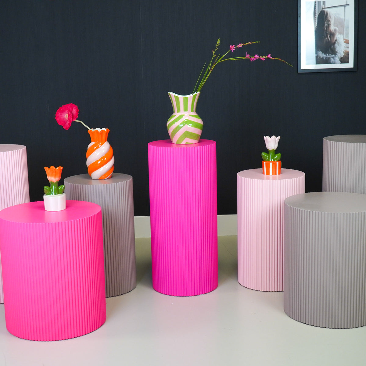 Round Side Table – Ribbed Cylinder Design – MDF – Sand – 39x45cm