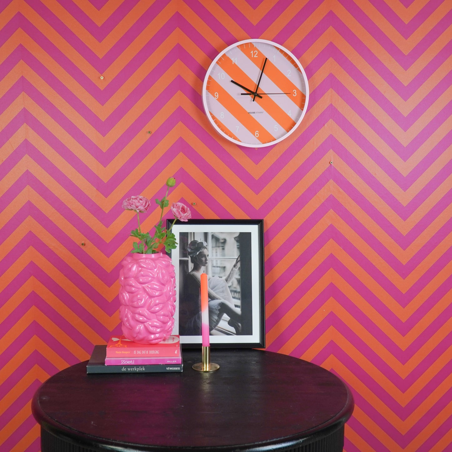 Clock - Wall Clock - Striped Pattern -Orange/Pink -34x4x34cm