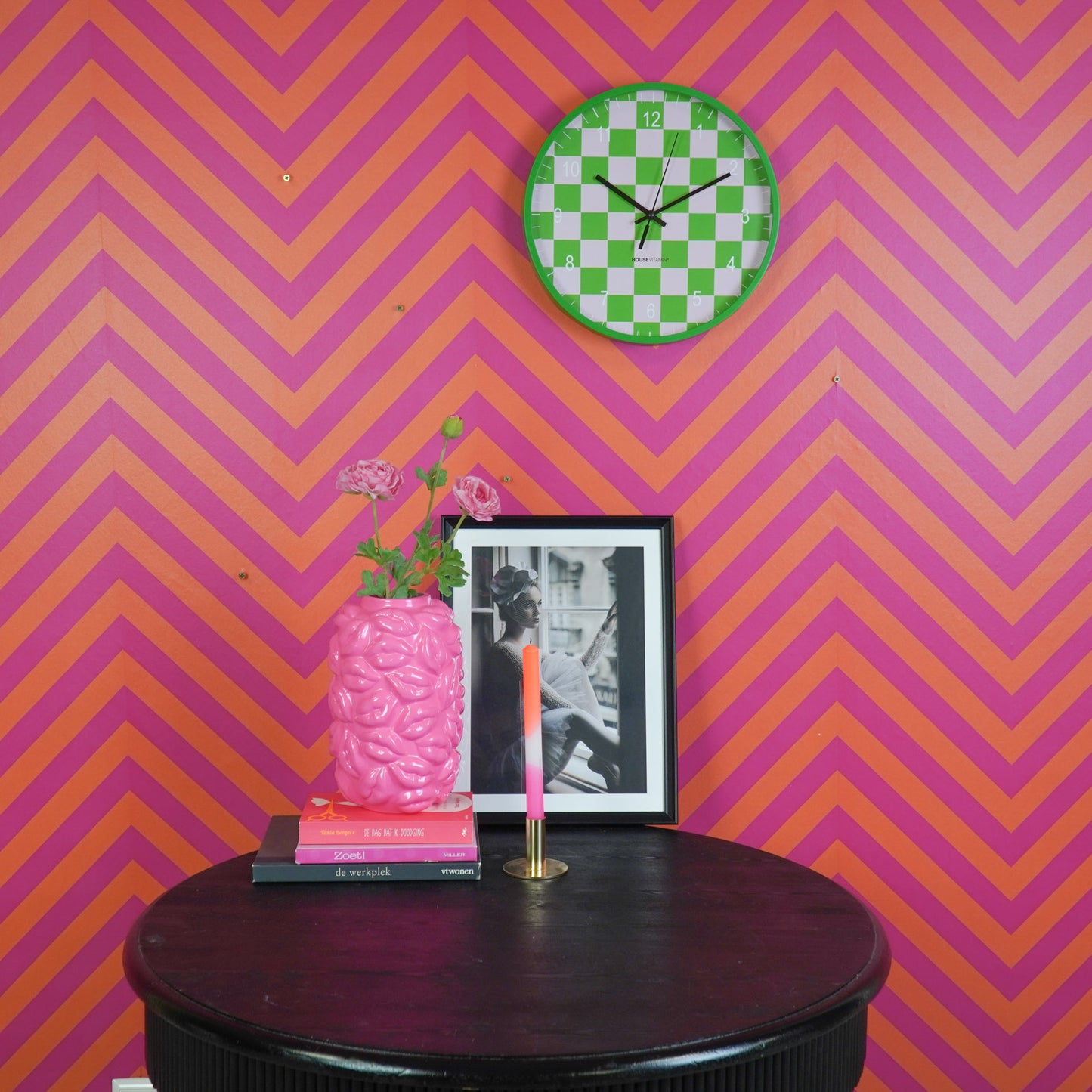 Clock - Wall Clock - Block Pattern - Green/Pink - 34x4x34cm