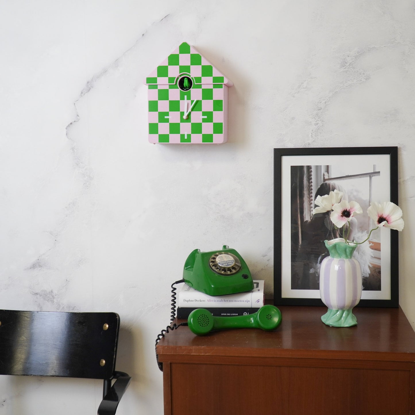 Clock- Wall Clock Cuckoo- Pattern- Green/Pink- 24x27x9cm
