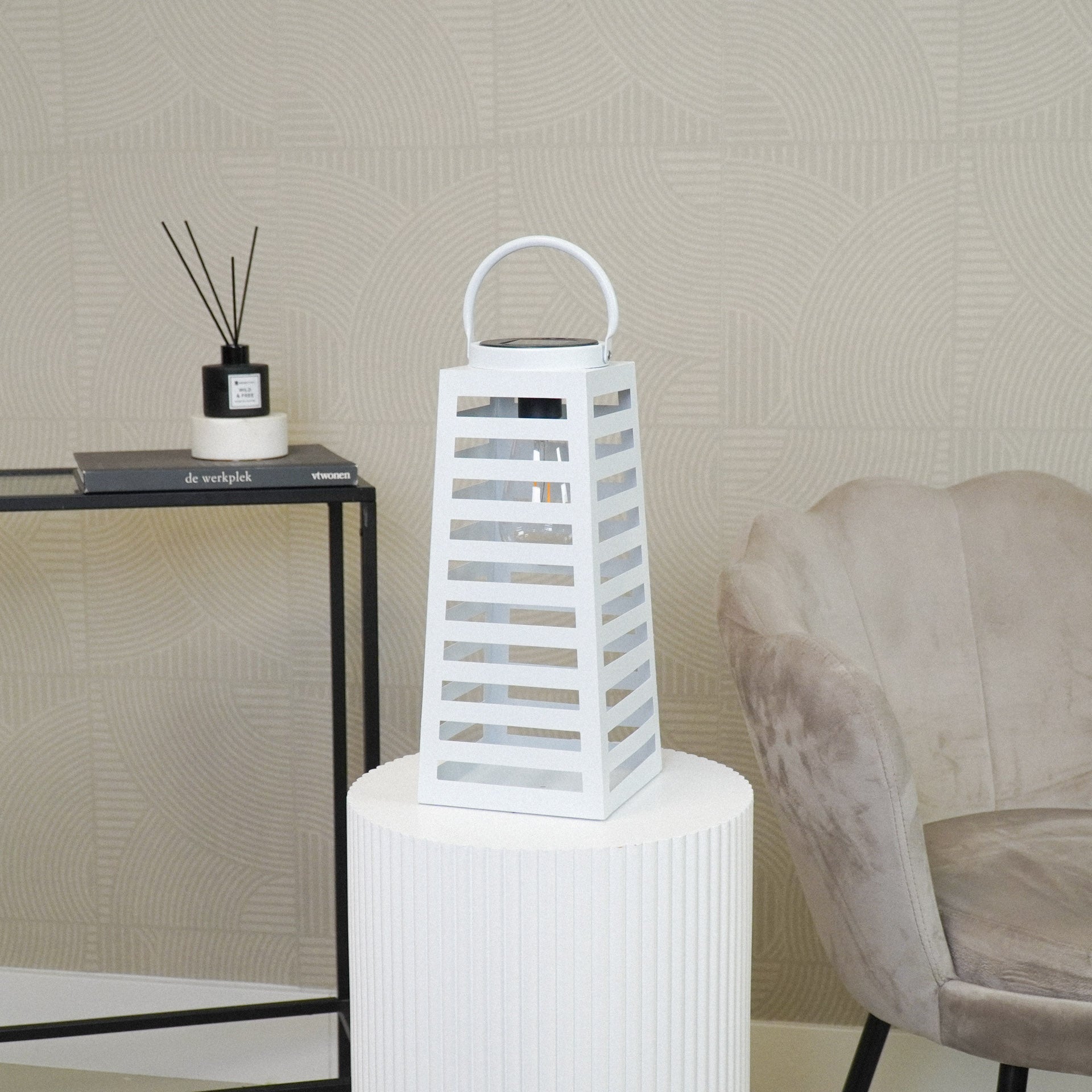 Lamp- Lantern - Solar - Metal - White - 14x32,5cm