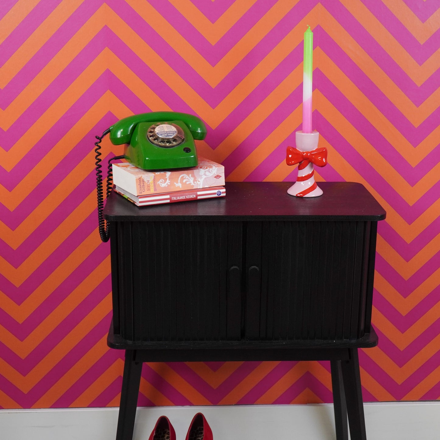 Candle holder - Stripes with Bow - Dolomite - Pink/Red - 9x8x14cm