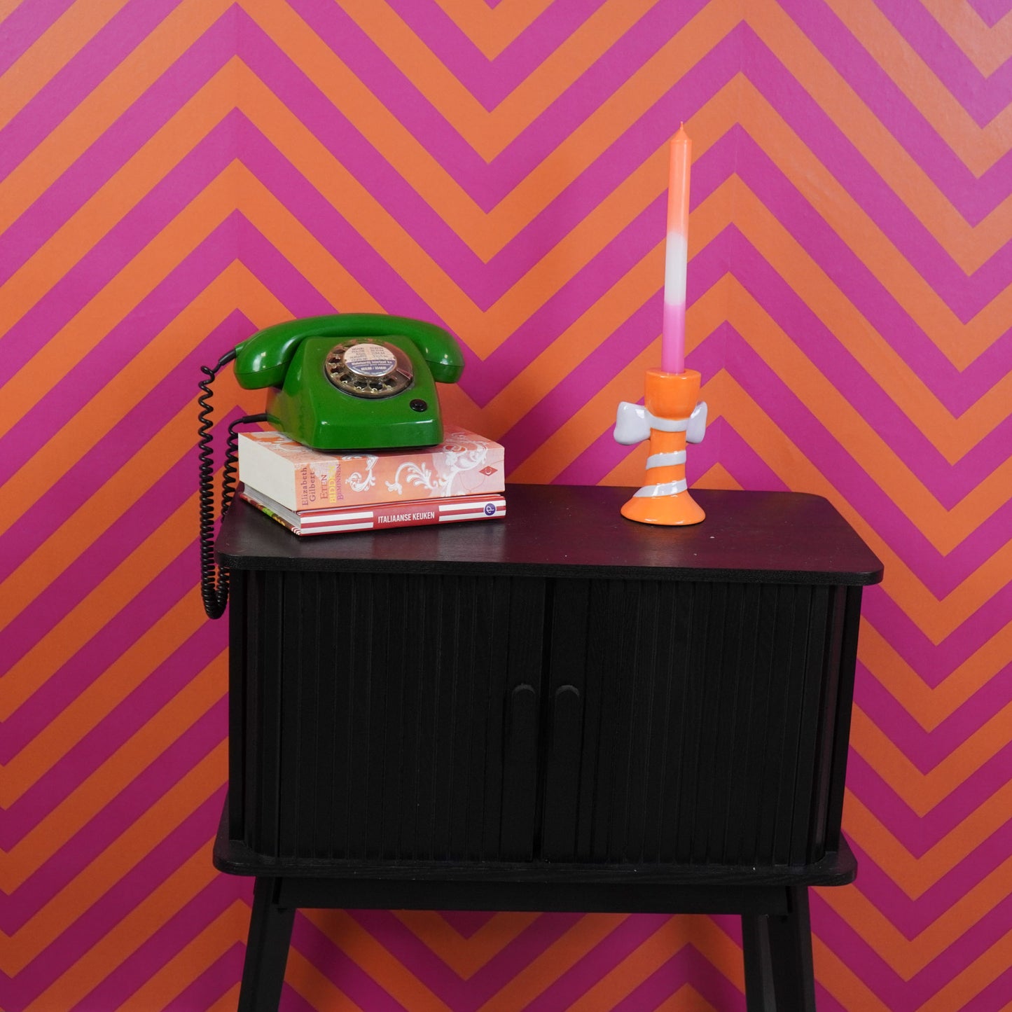Candle holder - Stripes with Bow - Dolomite - Orange/Lilac - 9x8x14cm