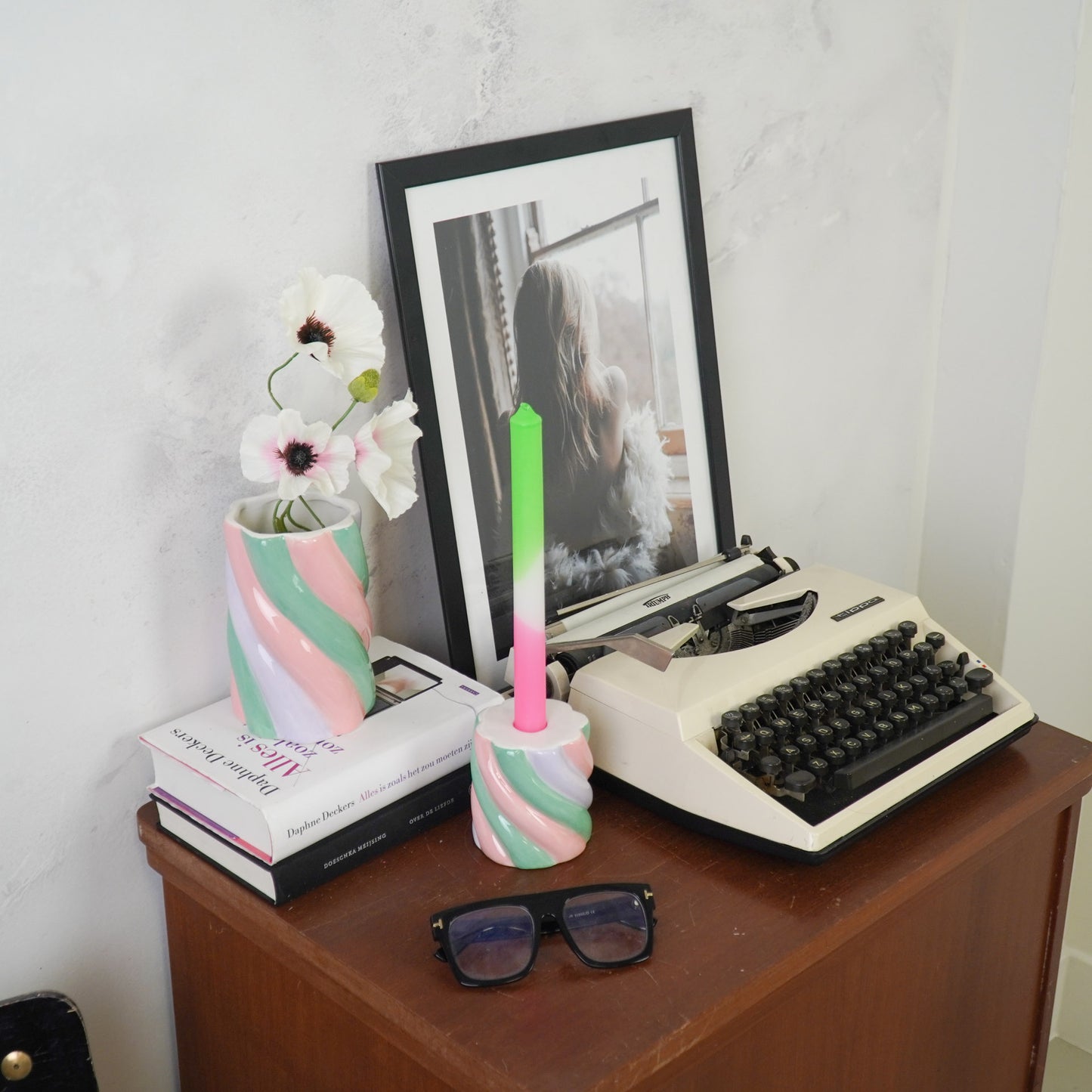Candle holder - Marshmellow - Dolomite - Pink/Mintgreen/Lilac - 8,5x8,5x9cm