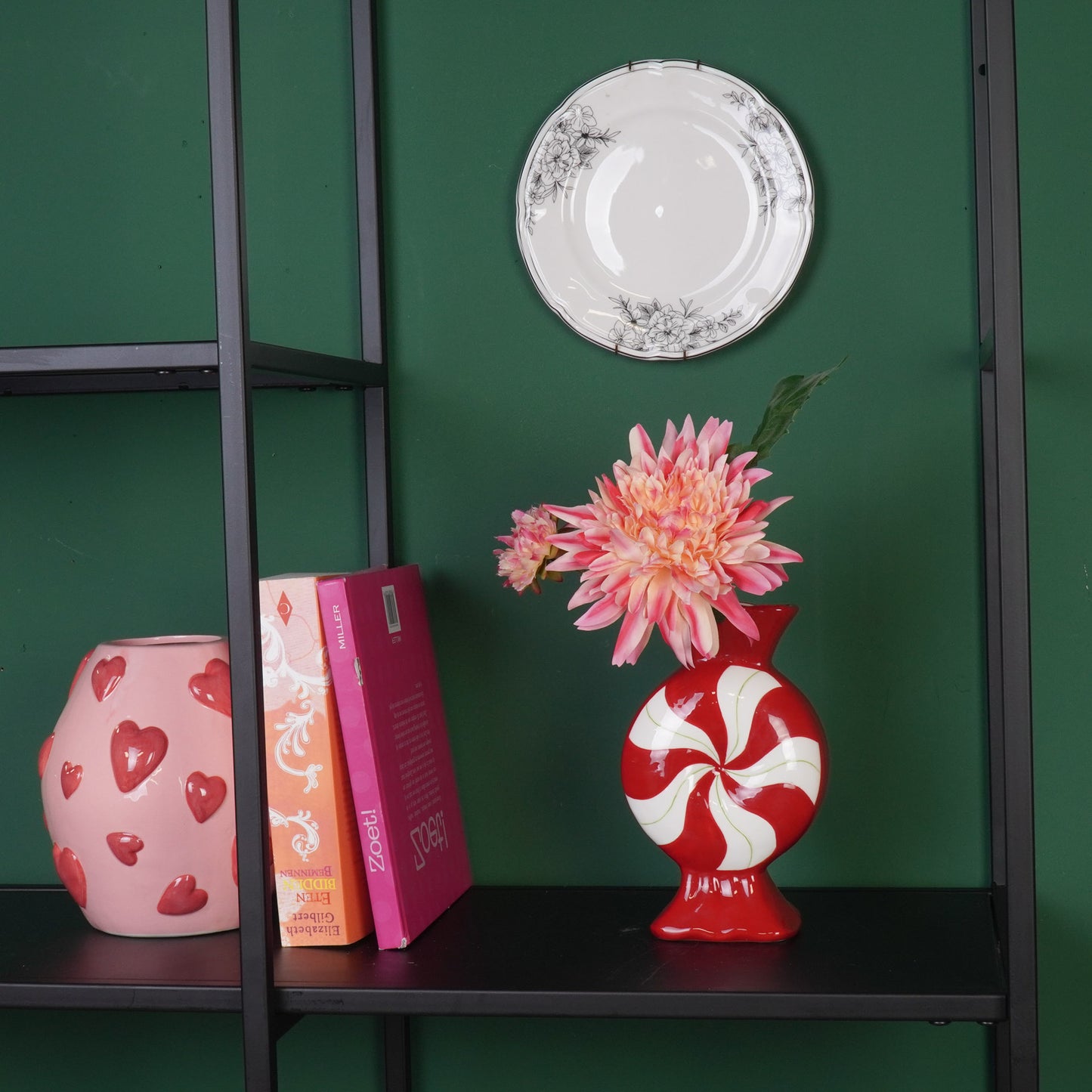 Flower Vase- Toffee Candy- -Ceramic-Red/ White- 12x6,5x20cm