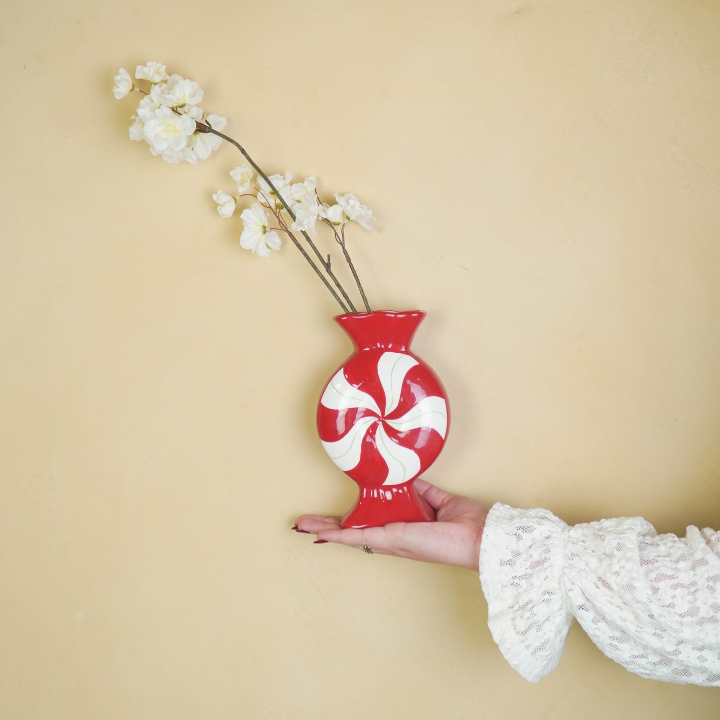 Flower Vase- Toffee Candy- -Ceramic-Red/ White- 12x6,5x20cm