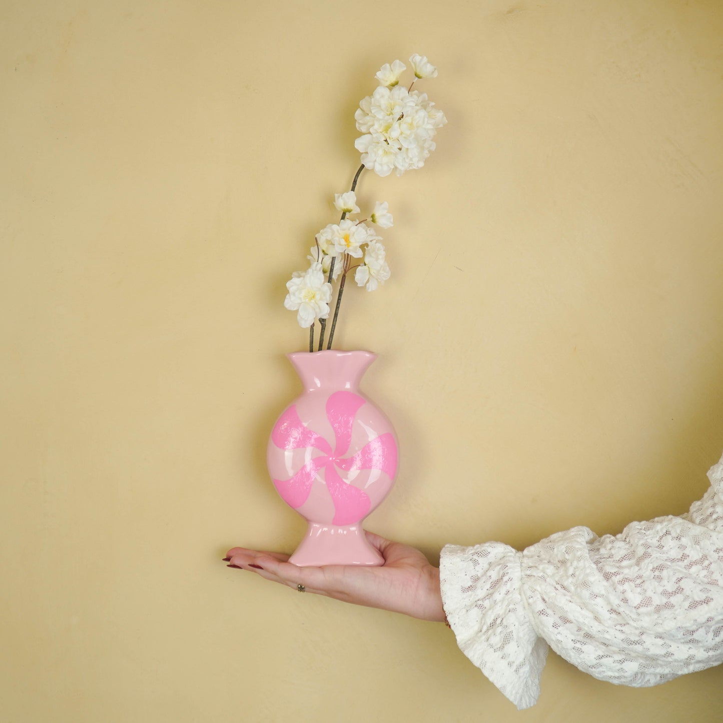Flower Vase- Toffee Candy- -Ceramic-Red/ White- 12x6,5x20cm