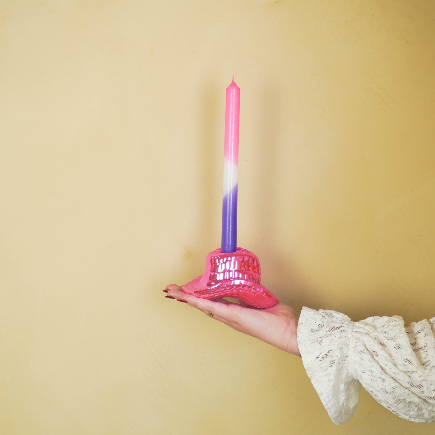 Candle Holder - Cowboy Hat - Ceramic-Pink - 13,5x11x7 cm