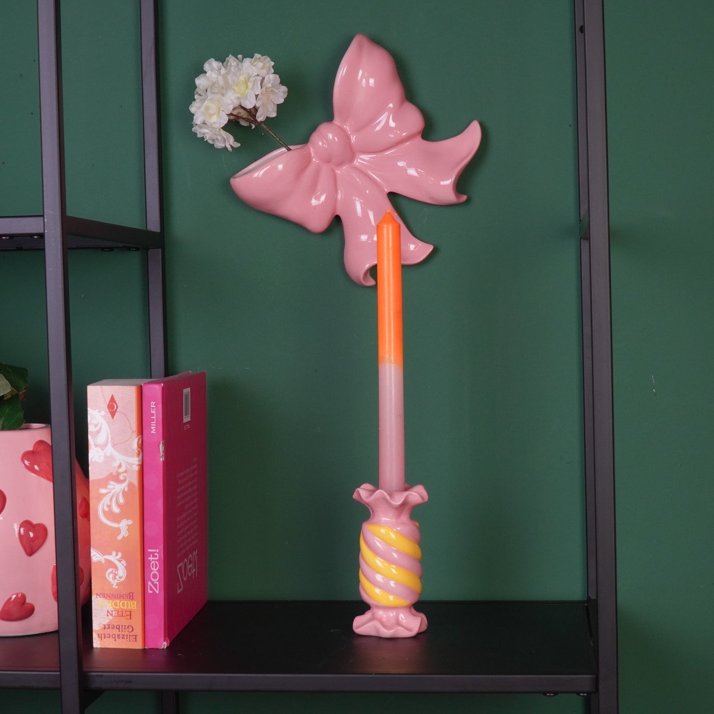 Candle Holder- Toffee Candy - Ceramic-Pink/ Yellow- 7,5x7,5x13 cm