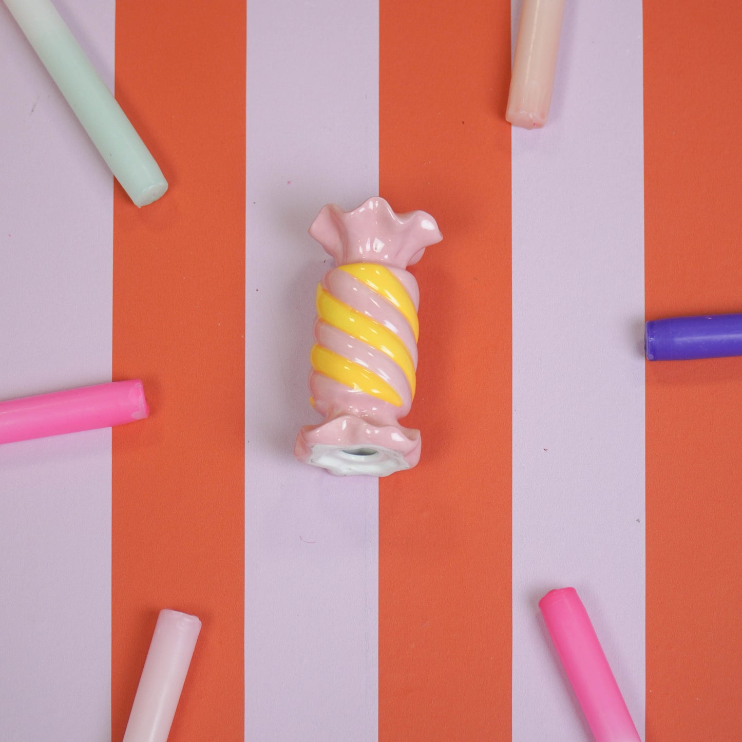 Candle Holder- Toffee Candy - Ceramic-Pink/ Yellow- 7,5x7,5x13 cm